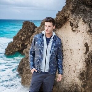 STRUCTURE Jax Cargo Jacket M Camo Hooded Athletic Zip Front Windbreaker Blue EXC